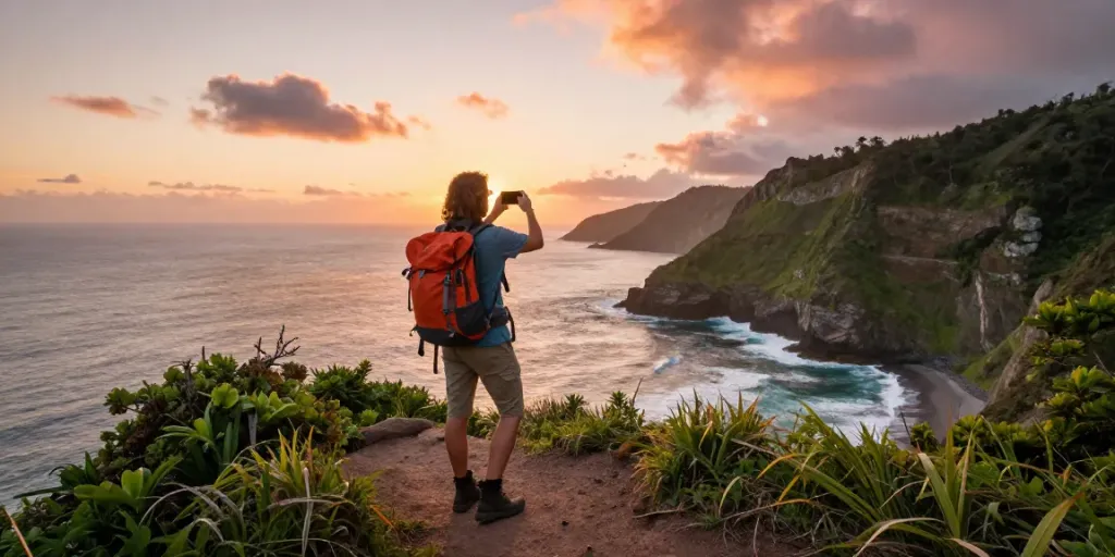 Scenic view with a traveler at a coastal cliff, embodying the spirit of a tour and travel agency adventure.