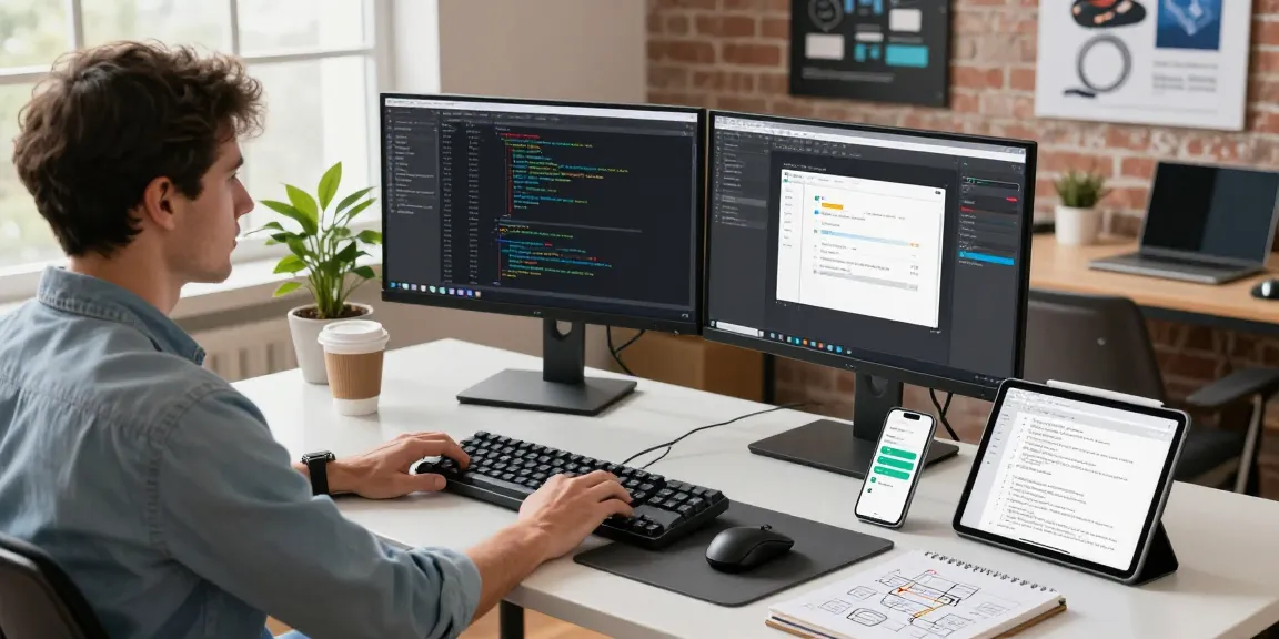 Developer at a modern office using telegramin-cn.com with dual monitors and coding tools