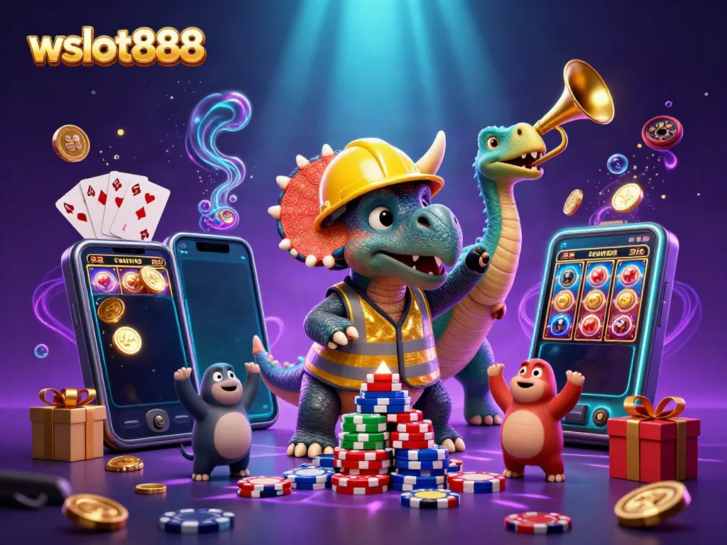 Wslot888 menyajikan momen meriah dengan triceratops membangun tumpukan chips poker dan suasana perjudian yang meriah.