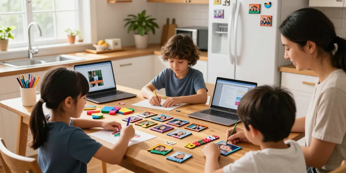 Creating vibrant photo magnets as a family in a warm kitchen setting, showcasing creativity and memories.