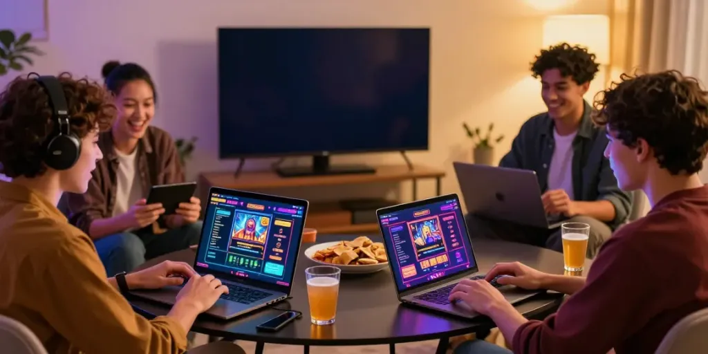 Friends enjoying non gamstop casinos at home with laptops and phones.