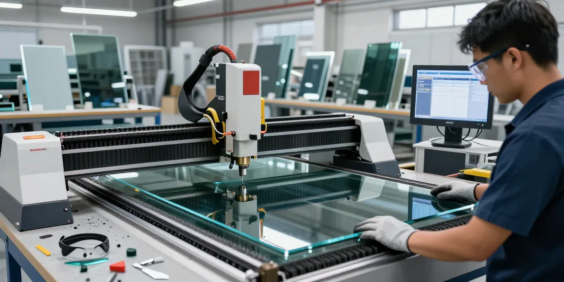 Technician using a glass cutting machine in an industrial workshop for precise glass processing.