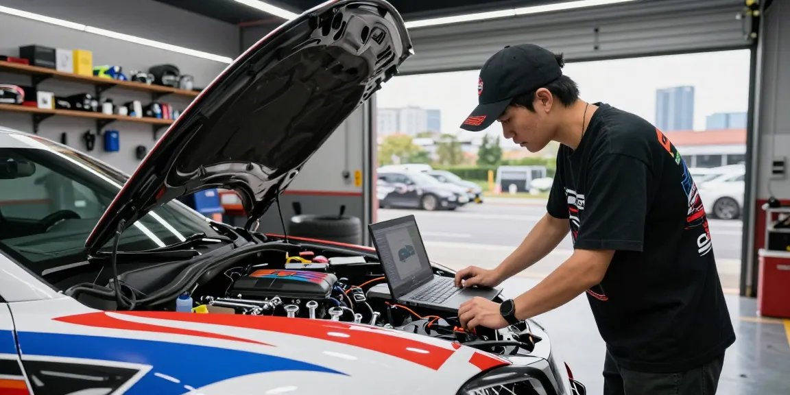 Enthusiast tuning vehicle with NAGA2000 diagnostics in modern garage