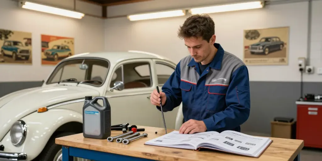 Mechanic servicing a classic Volkswagen air-cooled vehicle at http://www.aircooledapps.com garage.
