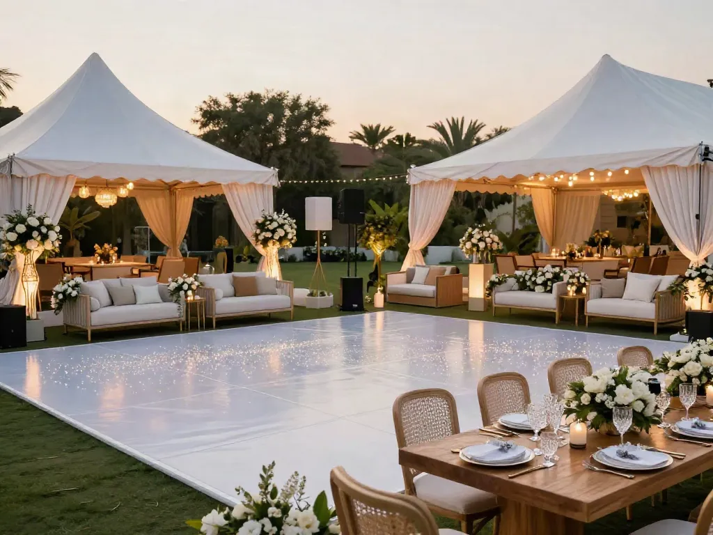 Event rental ksa for a stunning wedding setup featuring elegant tents, lounge furniture, and charming decorations.
