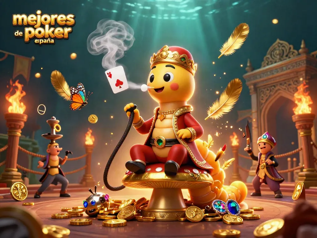 Mejores salas de poker online España, ilustración 3D colorida mostrando un maestro de hookah y símbolos de cartas.