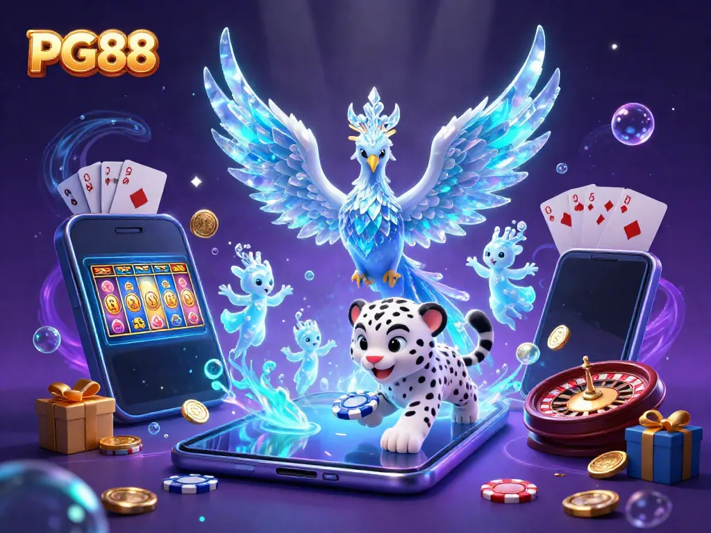 Experience PG88 with vibrant casino elements alongside a colorful slot game and playful characters.