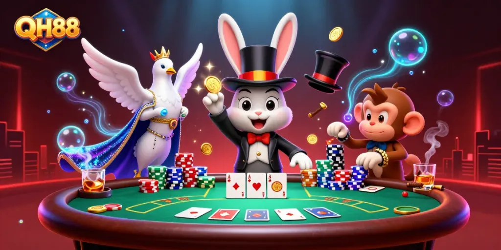 Engage with QH88 as a magician rabbit conjures coins, amidst vibrant poker chips and cards.