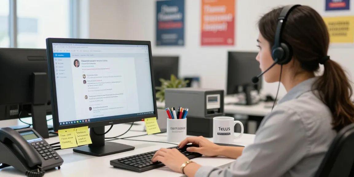 Customer service representative providing Telus-Technical-Support in a bright office