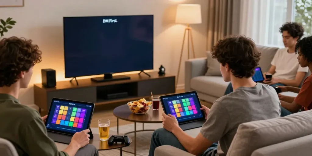 Youthful group enjoying Dm first Register on mobile devices in a cozy living room.
