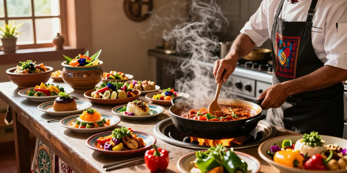 Chef creating a "Treasure of Aztec" dish in vibrant kitchen with fresh ingredients
