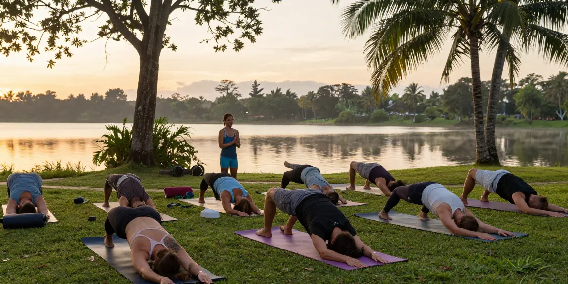 Harmony in synergy vinyasa yoga teacher training by Koggala Lake at sunrise.