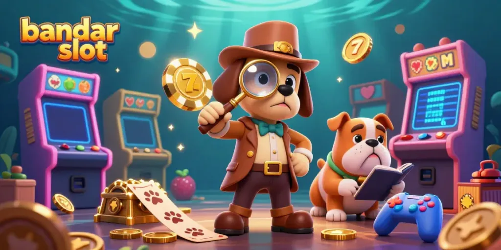 Engage with bandar slot in a vibrant, dynamic 3D casino scene featuring cartoon characters exploring golden poker clues.