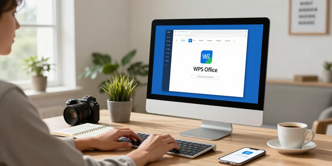 Download WPS Office in a modern home office setting with a desktop computer and productivity tools.