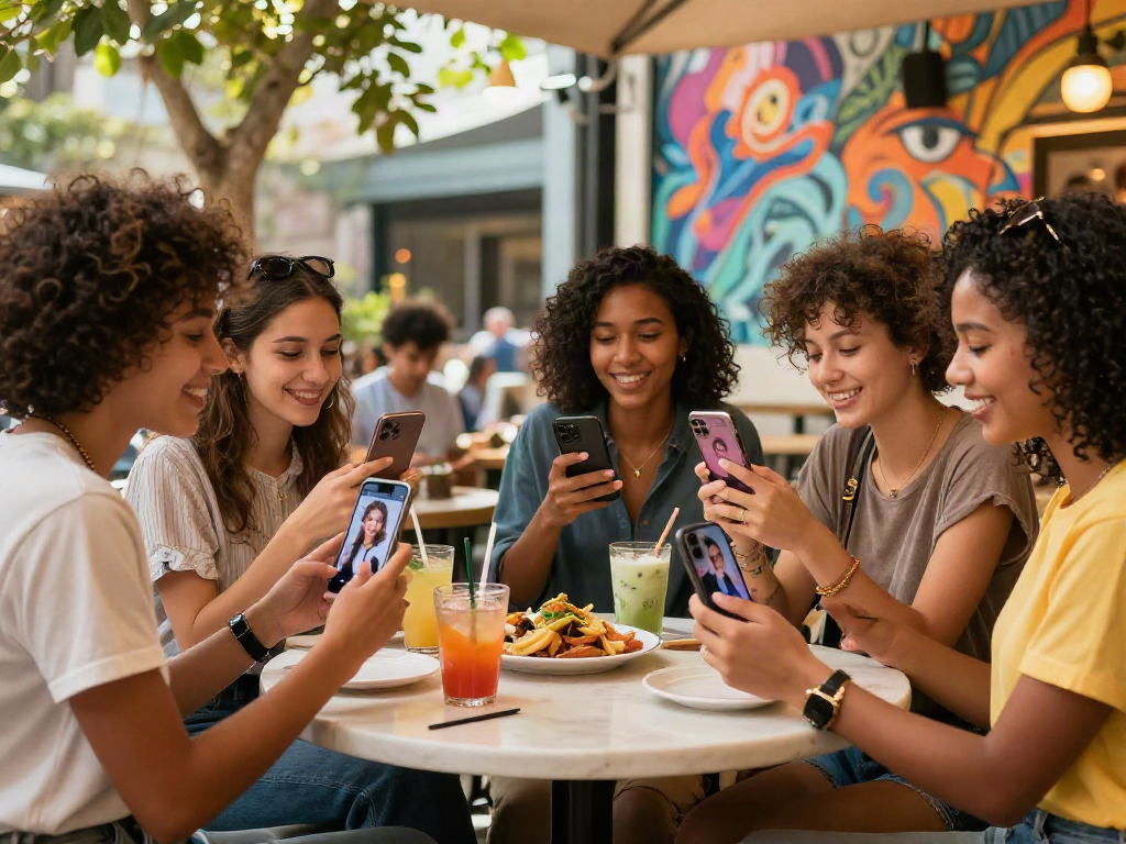 Friends comparing their celebrity look alike results at a trendy cafe.