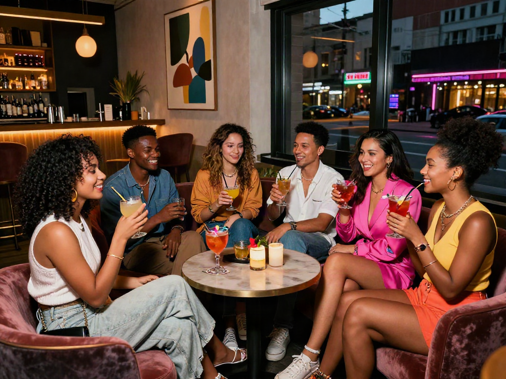 Friends enjoying a vibrant night out in a trendy lounge showcasing the growing nsfw ai culture in nightlife.