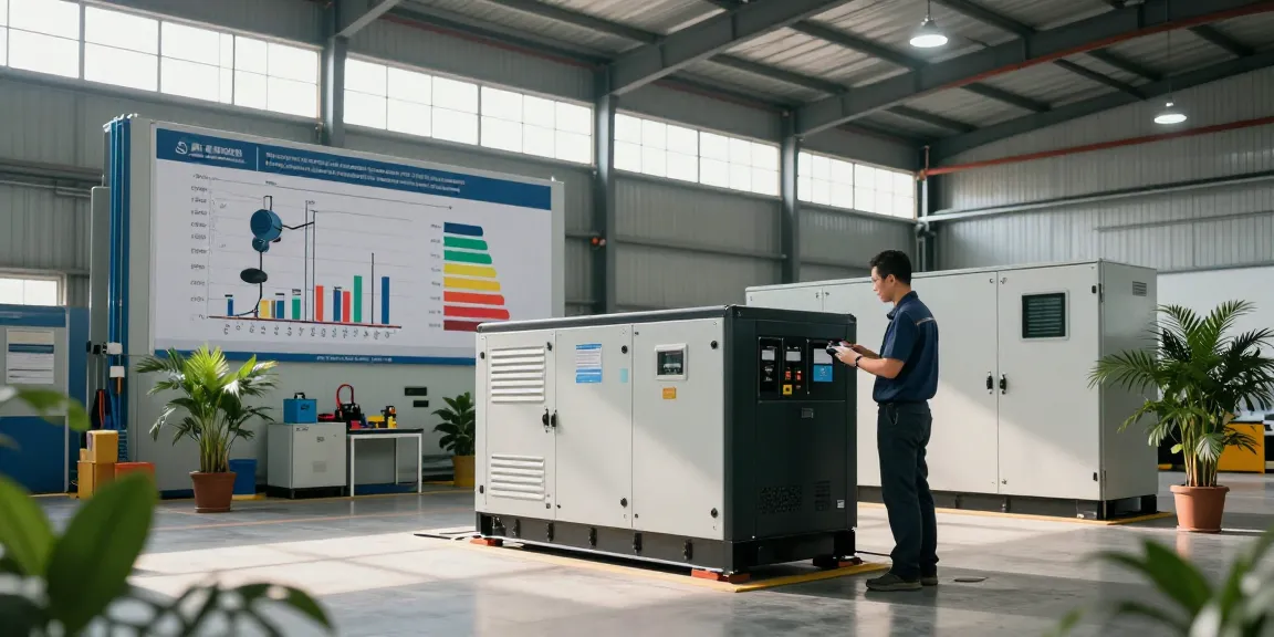 Technician inspecting industrial generator solutions in a bright warehouse setup, promoting energy efficiency.