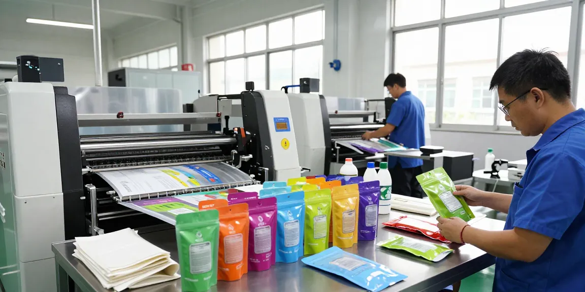 Custom stand-up pouches produced in a modern packaging facility showcasing sustainable materials and advanced printing technology.