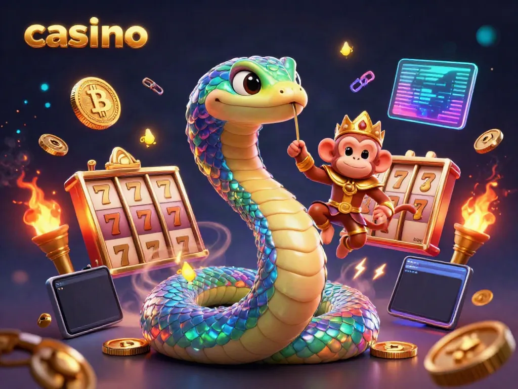 Experience excitement at the casino with a playful monkey king and a shimmering serpent amidst vibrant gaming elements.