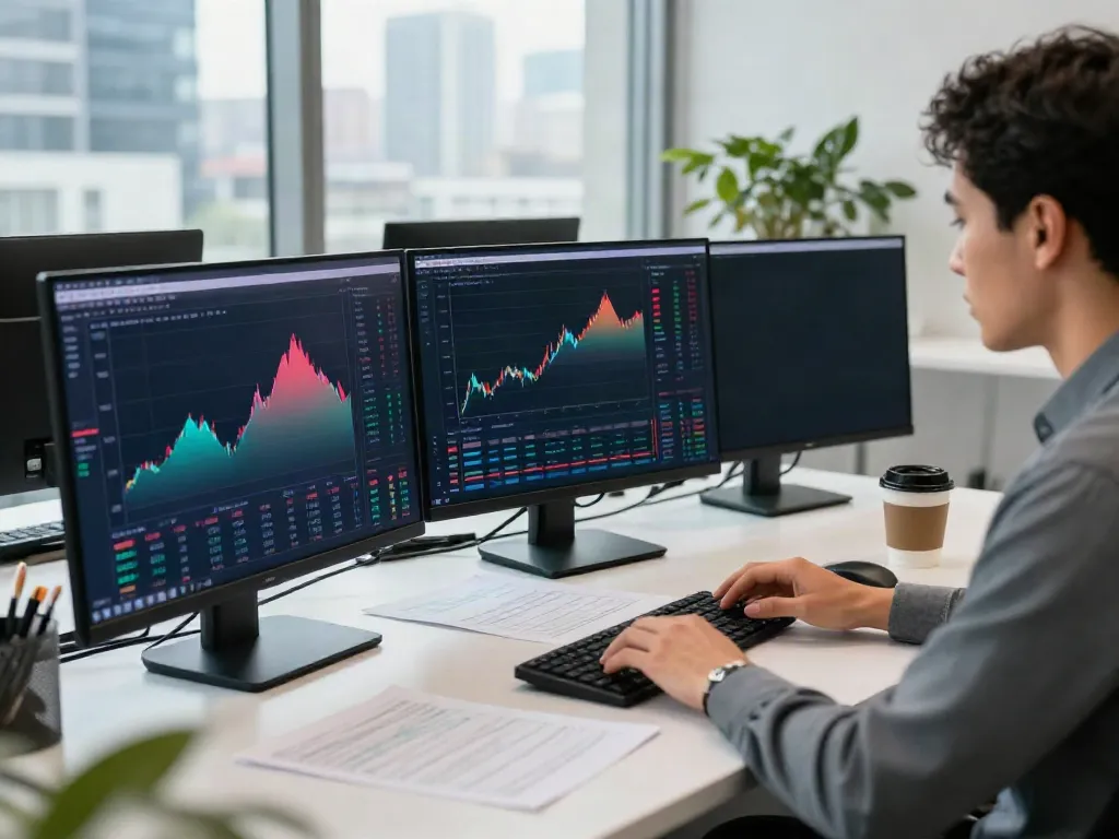 Analyst reviewing stock market data on FintechZoom.com in a modern workspace.