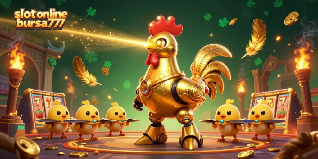 Slot online bursa777 menyajikan ilustrasi mendebarkan dengan robot ayam emas dan simbol jackpot.