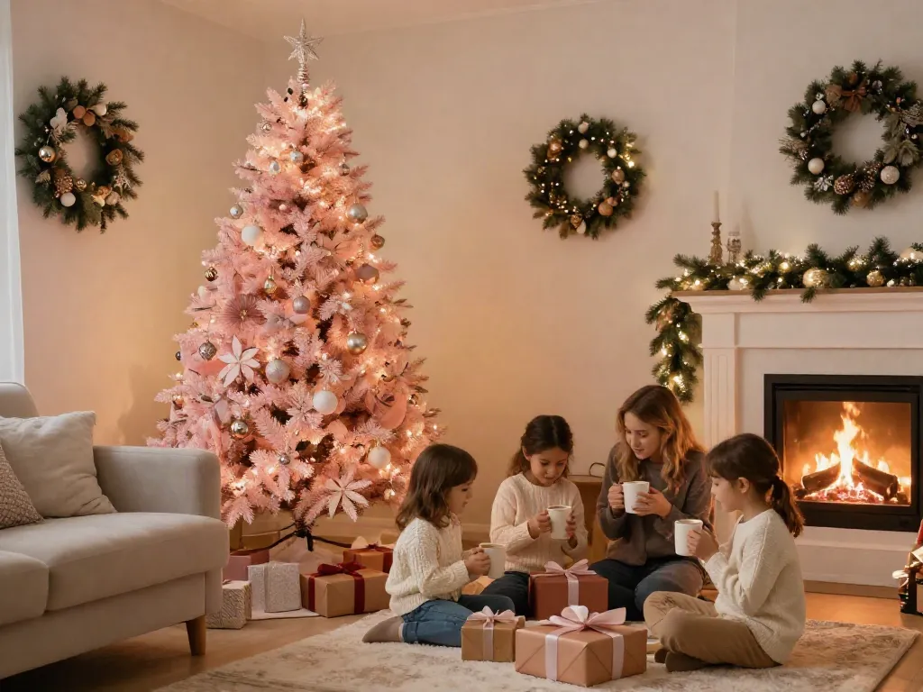 Charming pink Christmas tree in a cozy living room setting.