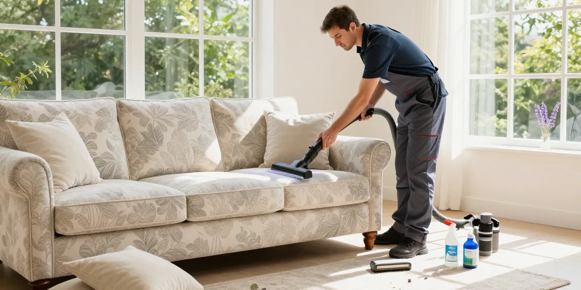 Professional upholstery cleaning service technician steam cleaning a sofa in a bright living room.