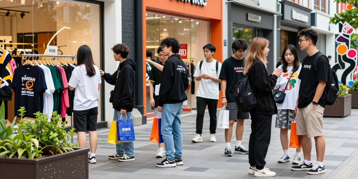 Shoppers exploring stylish items at a 레플리카 사이트 in a vibrant urban setting.