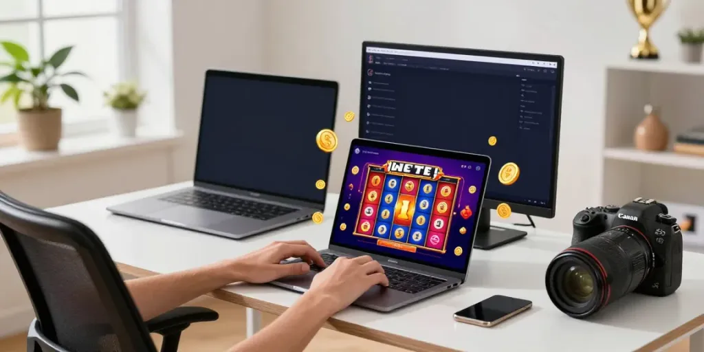 Player enjoying a vibrant DA88 online slot game on a laptop in a modern gaming setup