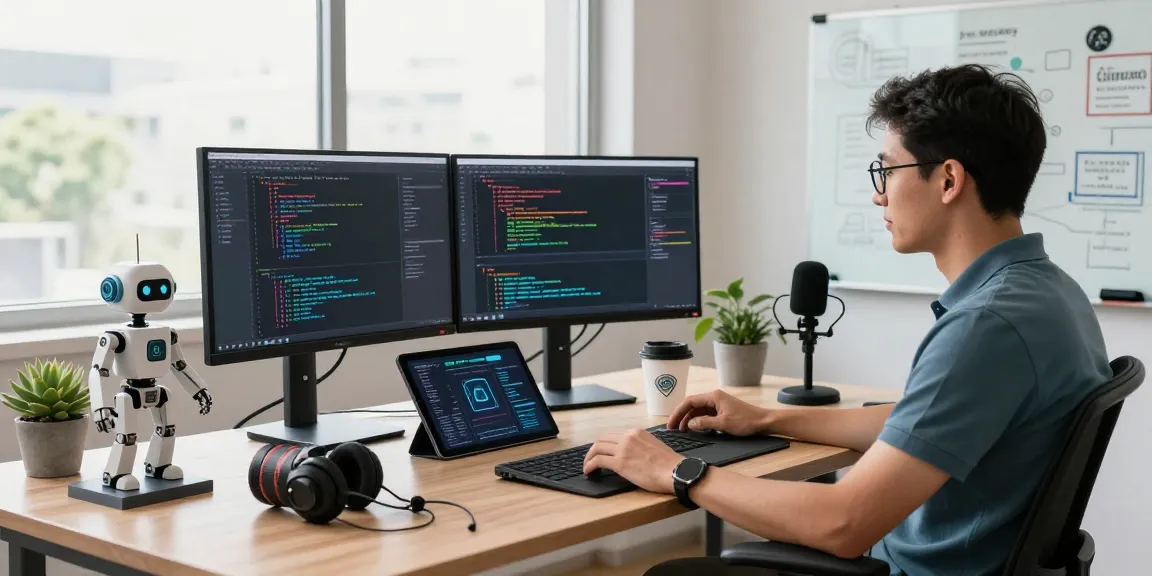 How to Make an AI in a dynamic workspace featuring an engineer coding with monitors and AI elements in a modern office.