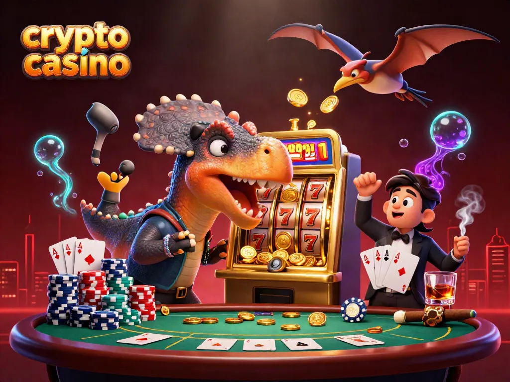 Giocatori che esplorano un casino crypto, con un pachycephalosaurus che colpisce una slot machine dorata mentre un ankylosaurus gestisce il casino.