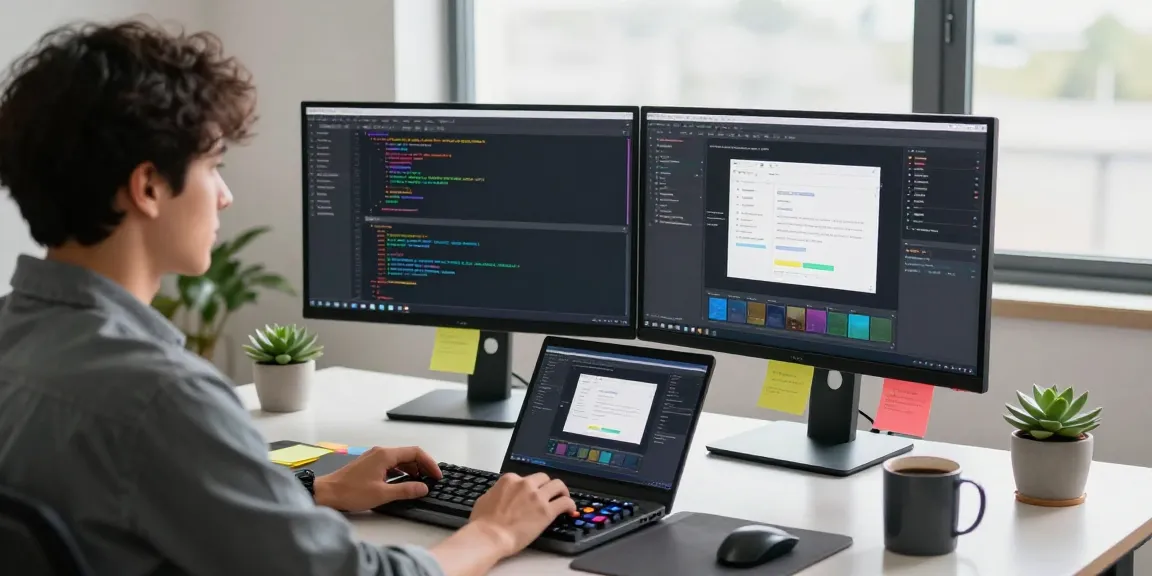 Developer using Snipaste in a high-tech workspace with dual monitors displaying code and design, fostering creativity and productivity.