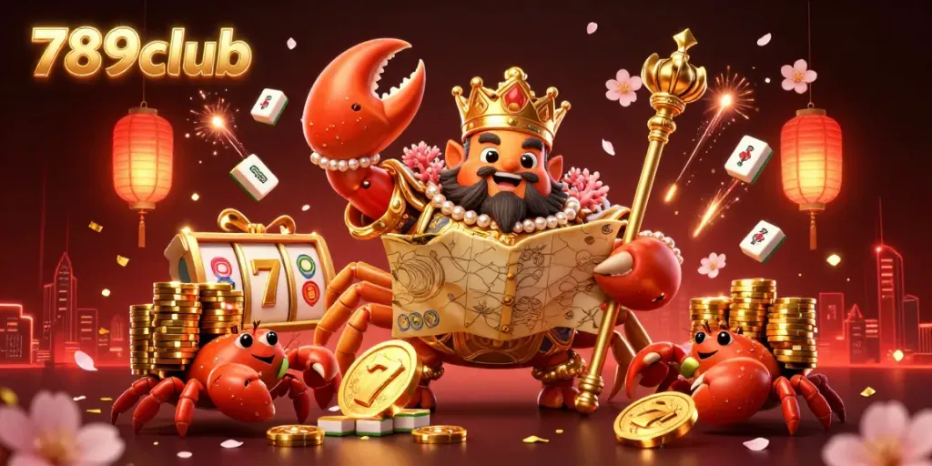 Engage with casino fun at 789club featuring a golden crab emperor and exciting slot reels in dynamic celebration.