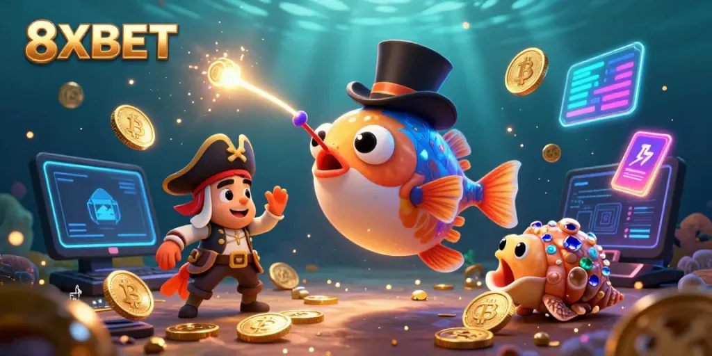 Engage with 8XBET's thrilling underwater gambling scene featuring colorful glowing coins and animated characters.