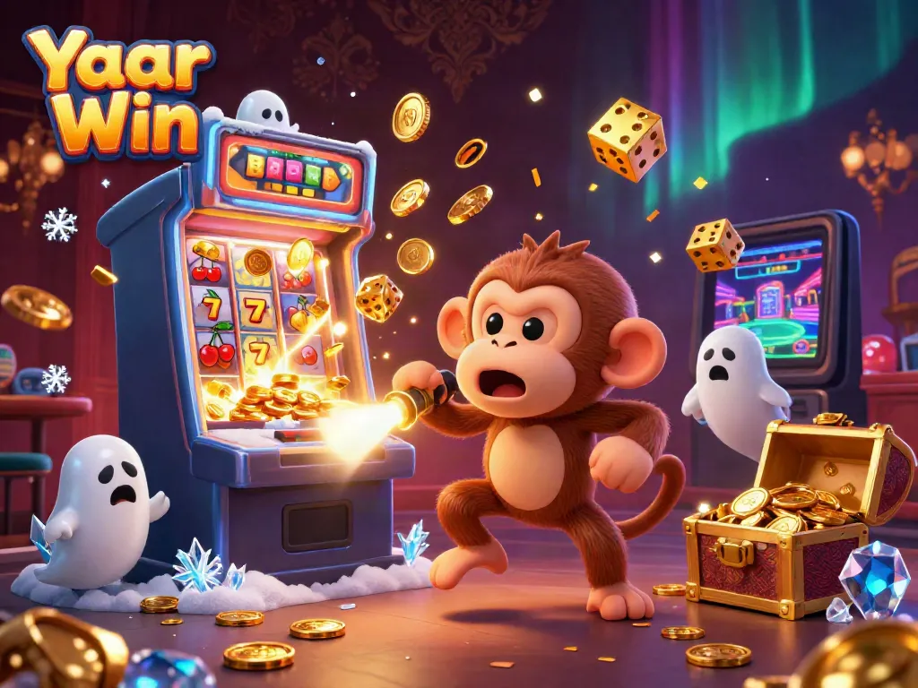 Engage with Yaar Win featuring a lively scene of a playful monkey juggling casino elements and a curious puppy.