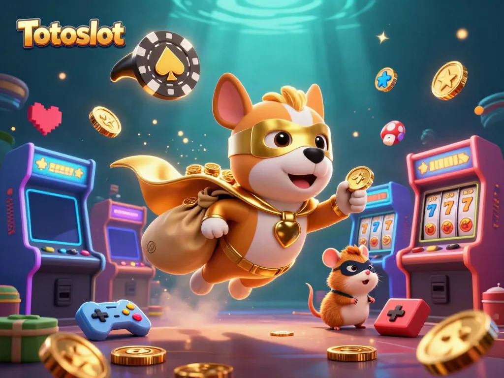 Gambarkan Totoslot dengan superhero anjing dan hamster beraksi di dunia kasino yang ceria.