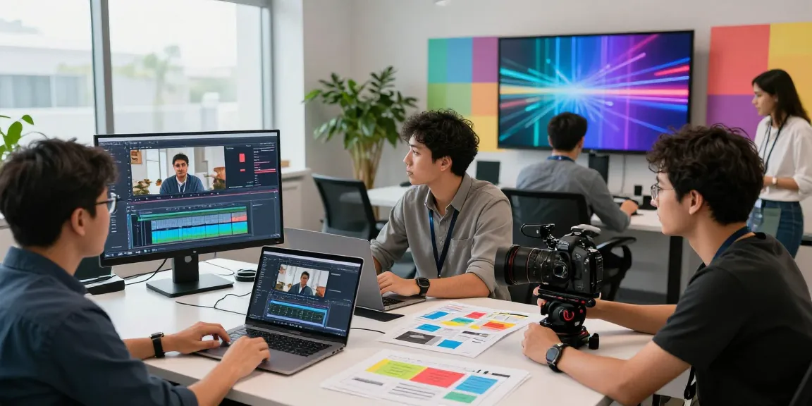 Video marketing agency Singapore team collaborating on corporate video production in modern studio setting
