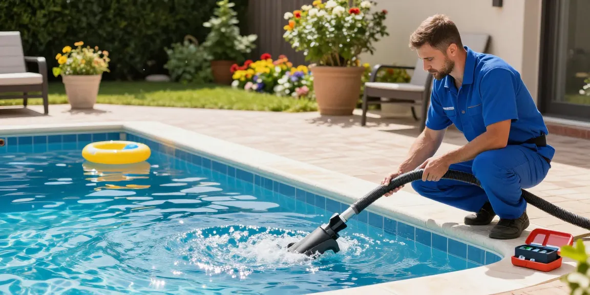 Pool maintenance expert performing održavanje bazena in a residential yard, ensuring water clarity and safety.