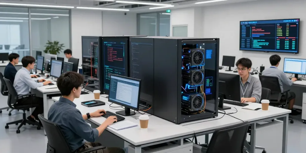 Engineers collaborating on AI infrastructure projects in a modern tech lab.