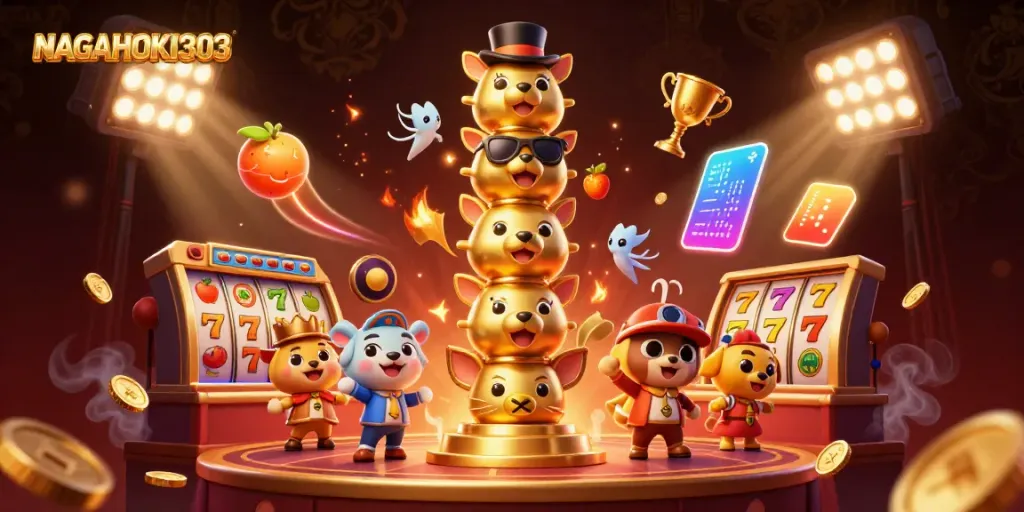 NAGAHOKI303 menampilkan totem kasino yang dikelilingi oleh simbol slot dan elemen perjudian yang menarik.