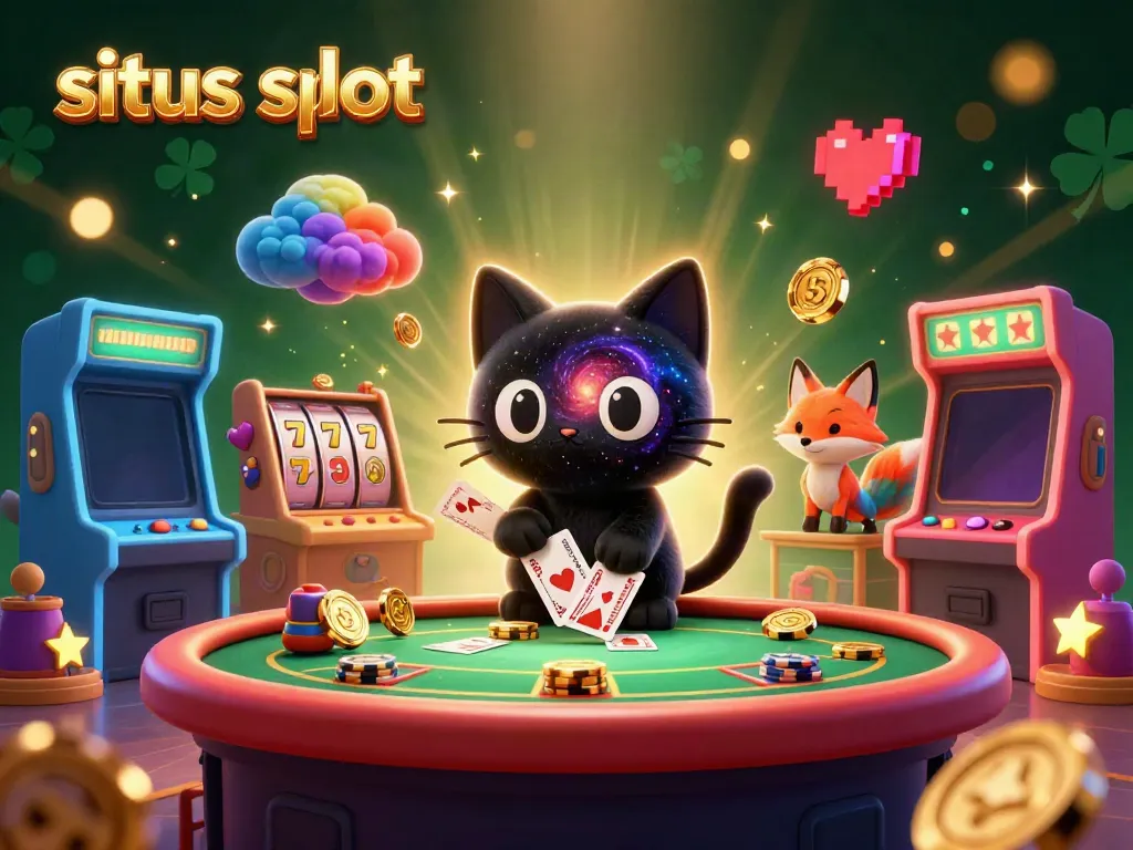 Engage with situs slot's captivating cosmic casino featuring a black hole cat and colorful nebula fox, surrounded by vibrant slot reels.