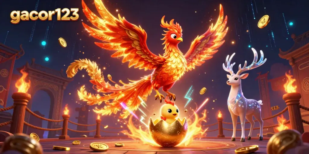 Experience thrilling action with gacor123 in a vibrant illustration of a phoenix and stag in a dynamic scene.