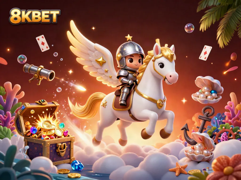 Experience excitement at 8KBET, where a celestial horse rides through treasure-filled clouds in this dynamic casino scene.