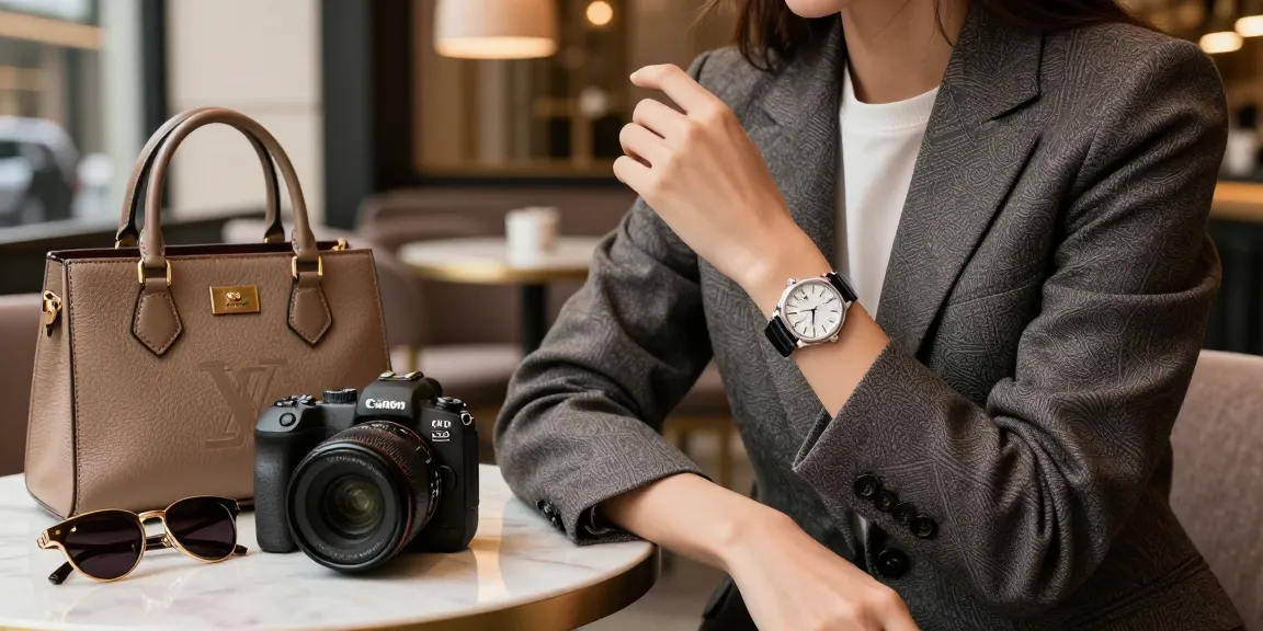 Model showcasing luxurious clone watches in an elegant urban café setting.