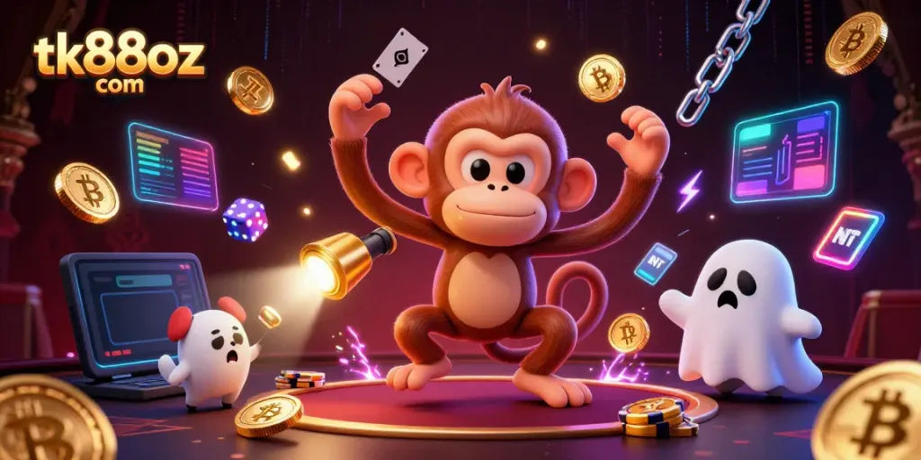 Engage in exciting gameplay at tk88oz com featuring a playful ghostly monkey juggling casino items.