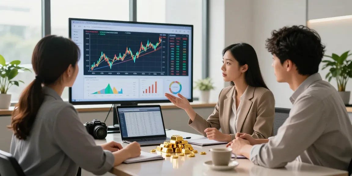 Investing in gold: financial advisor discussing investment strategies with clients in a modern office.