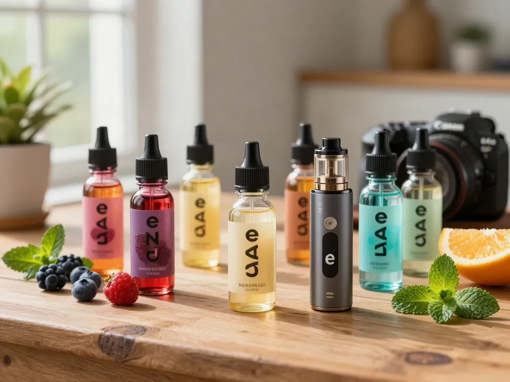 Explore a colorful selection of e-liquid vape juice flavors with fresh ingredients showcased in a cozy atmosphere.