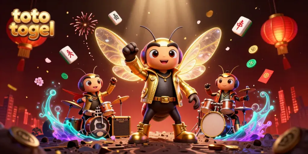Experience thrilling action with toto togel as a vibrant 3D scene of a rock star cicada performs amidst sparkling game elements.
