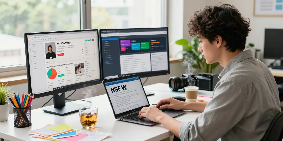 NSFW content review workspace with young professional analyzing digital guidelines amidst creative tools and warm lighting.