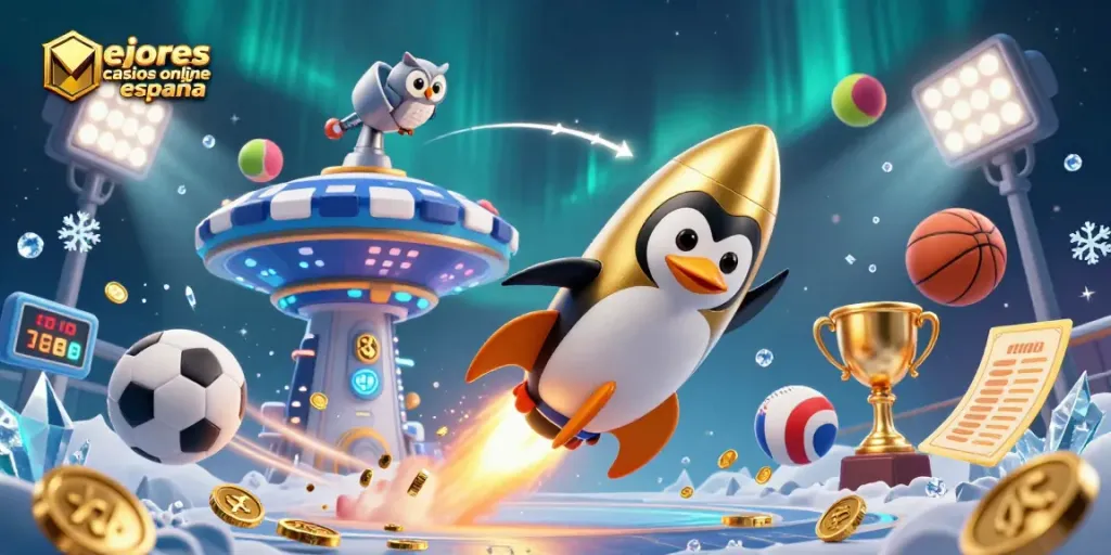 Juega en los mejores casinos online España mientras observas un pingüino dorado surcando el espacio.